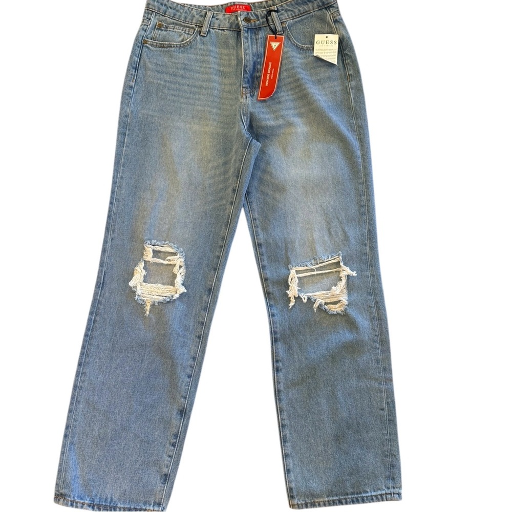 GUESS Denim Jeans Blue Relaxed Straight Leg High Rise Distressed 31x32 Size 12